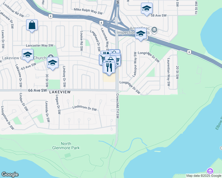 map of restaurants, bars, coffee shops, grocery stores, and more near 6705 Crowchild Trail Southwest in Calgary