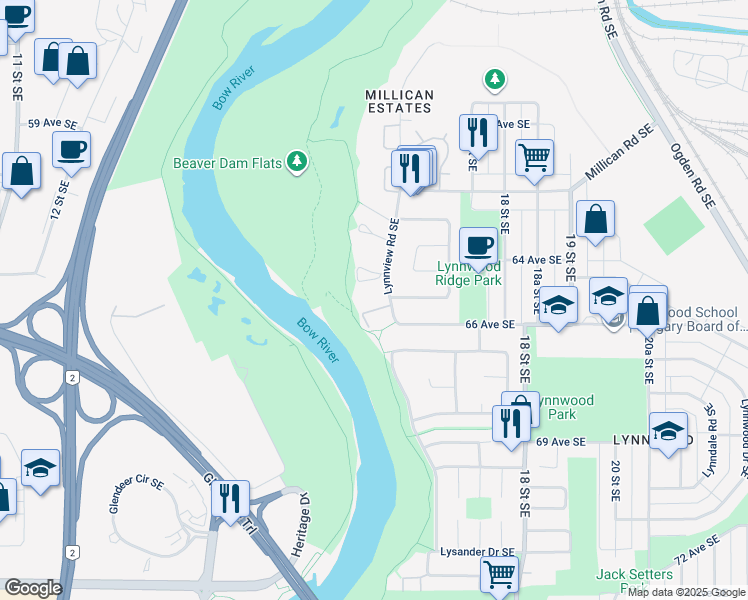 map of restaurants, bars, coffee shops, grocery stores, and more near 135 Lynnview Road Southeast in Calgary