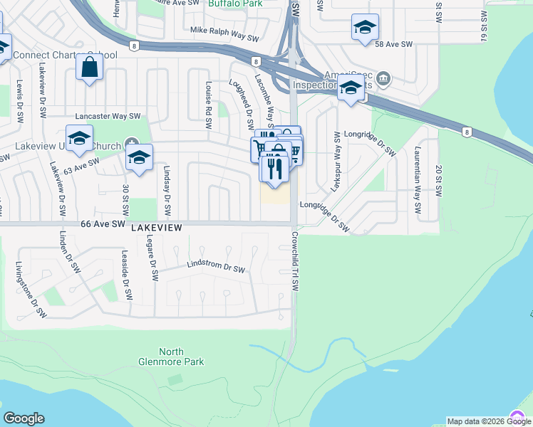 map of restaurants, bars, coffee shops, grocery stores, and more near 2528 66 Avenue Southwest in Calgary