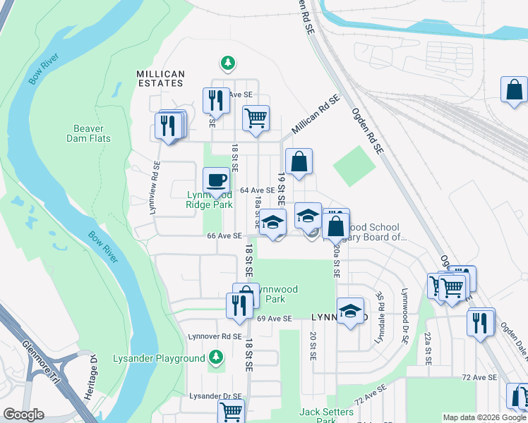map of restaurants, bars, coffee shops, grocery stores, and more near 6622 18A Street Southeast in Calgary