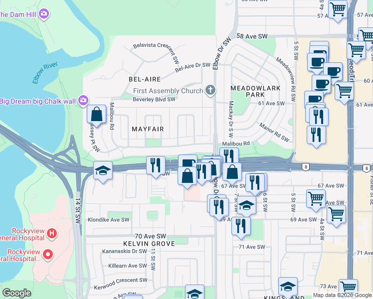 map of restaurants, bars, coffee shops, grocery stores, and more near 131 Malibou Road in Calgary