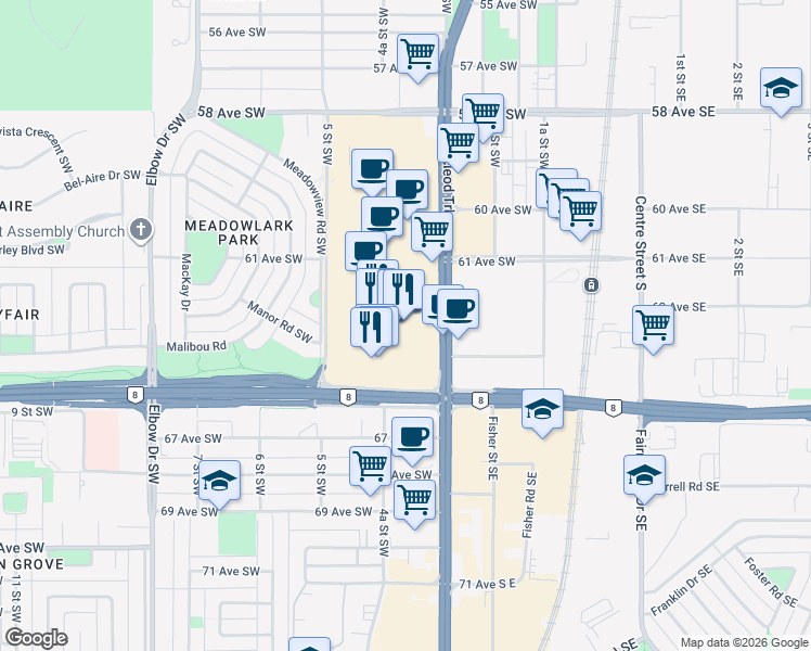 map of restaurants, bars, coffee shops, grocery stores, and more near 6455 Macleod Trail Southwest in Calgary