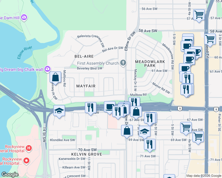 map of restaurants, bars, coffee shops, grocery stores, and more near 131 Malibou Road in Calgary