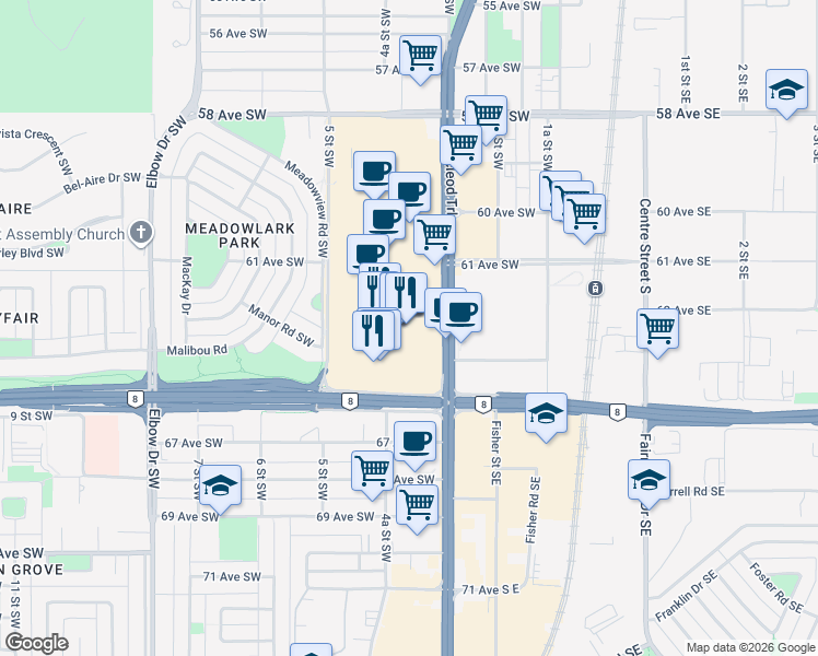 map of restaurants, bars, coffee shops, grocery stores, and more near 6455 Macleod Trail Southwest in Calgary