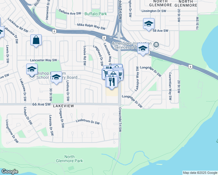map of restaurants, bars, coffee shops, grocery stores, and more near 6449 Crowchild Trail Southwest in Calgary
