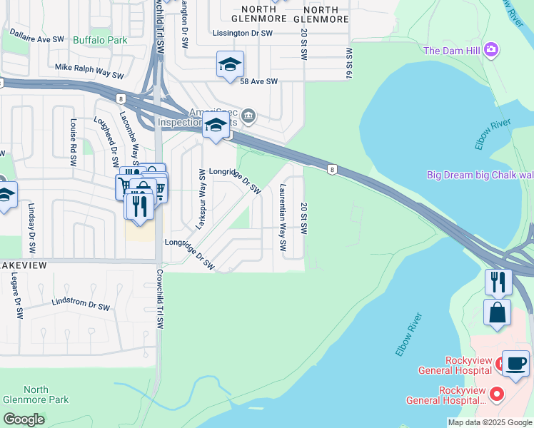map of restaurants, bars, coffee shops, grocery stores, and more near 2259 Longridge Drive Southwest in Calgary