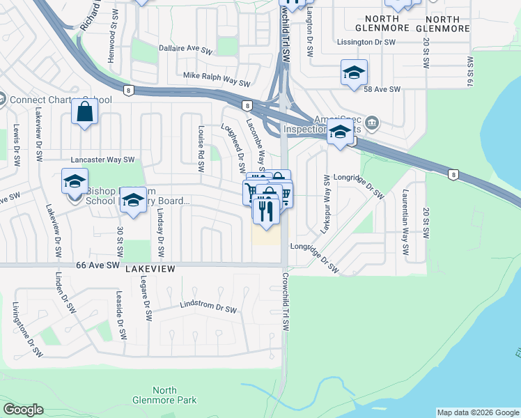 map of restaurants, bars, coffee shops, grocery stores, and more near 6449 Crowchild Trail Southwest in Calgary