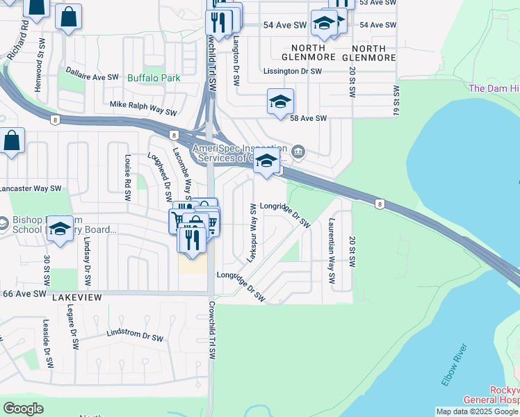map of restaurants, bars, coffee shops, grocery stores, and more near 6311 Larkspur Way Southwest in Calgary