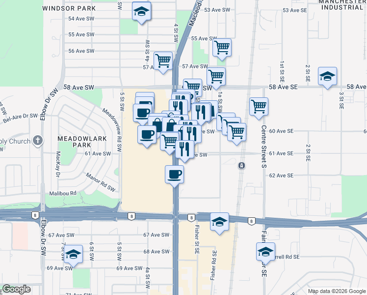 map of restaurants, bars, coffee shops, grocery stores, and more near 100-6100 Macleod Trail Southwest in Calgary