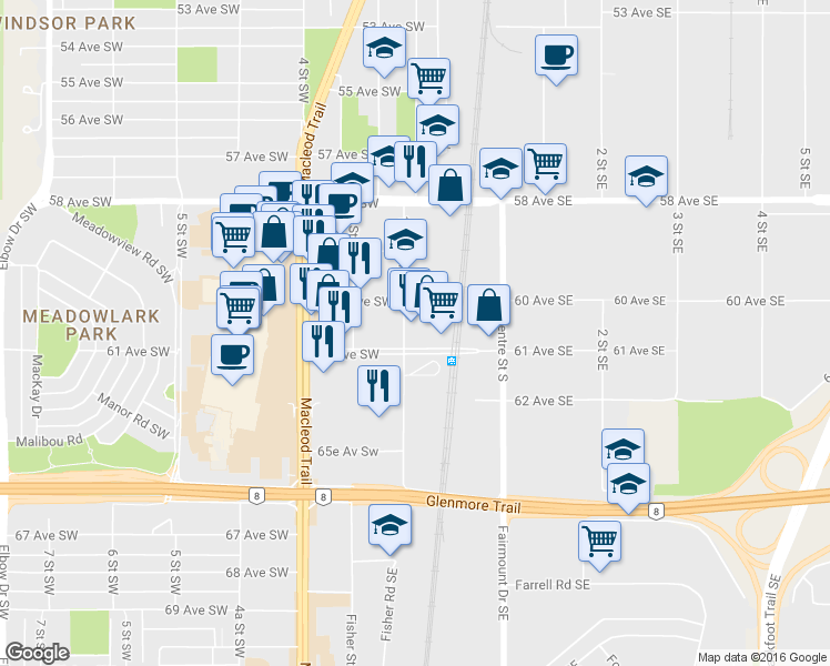 map of restaurants, bars, coffee shops, grocery stores, and more near 6130 1A St SW in Calgary