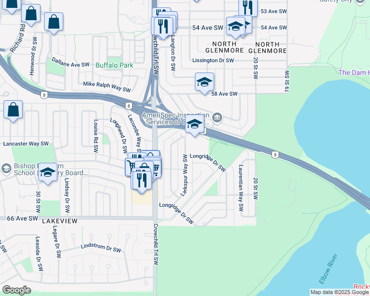 map of restaurants, bars, coffee shops, grocery stores, and more near 6311 Larkspur Way Southwest in Calgary