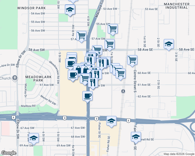 map of restaurants, bars, coffee shops, grocery stores, and more near 100-6100 Macleod Trail Southwest in Calgary