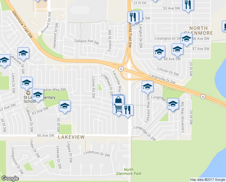 map of restaurants, bars, coffee shops, grocery stores, and more near 2632 Lougheed Drive Southwest in Calgary