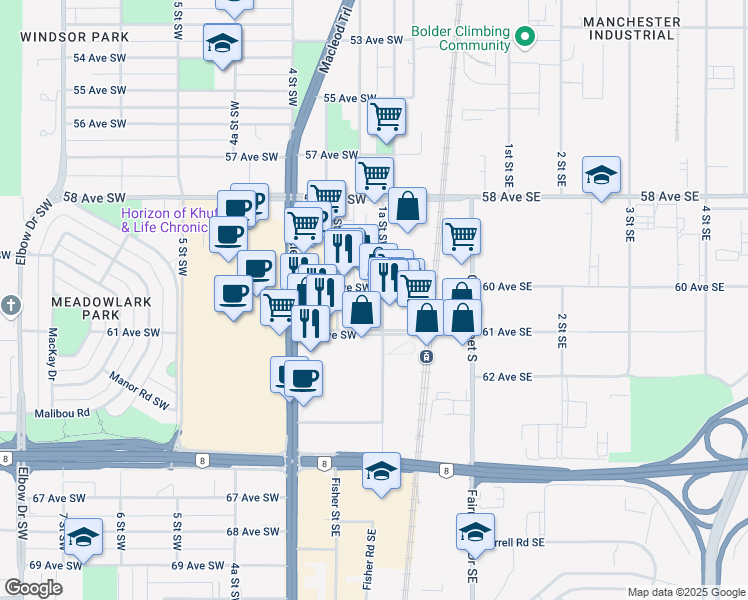 map of restaurants, bars, coffee shops, grocery stores, and more near 203 60 Avenue Southwest in Calgary