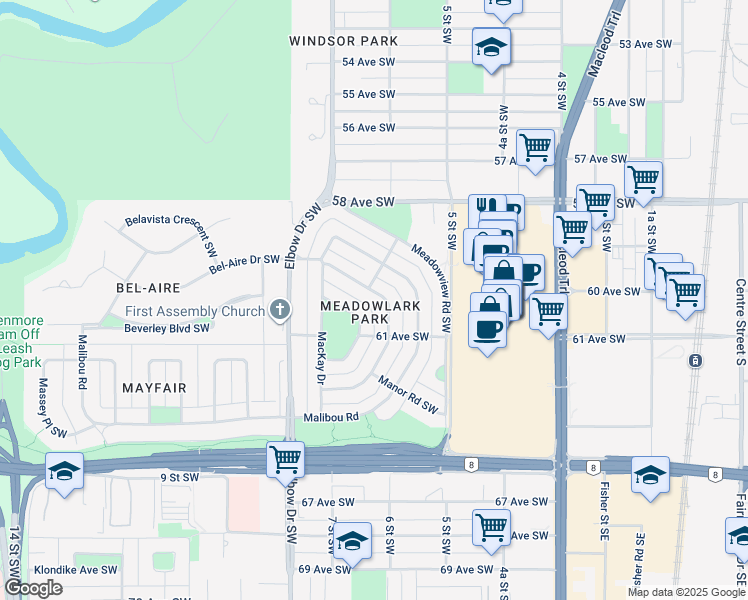 map of restaurants, bars, coffee shops, grocery stores, and more near 21 Mayfair Road Southwest in Calgary