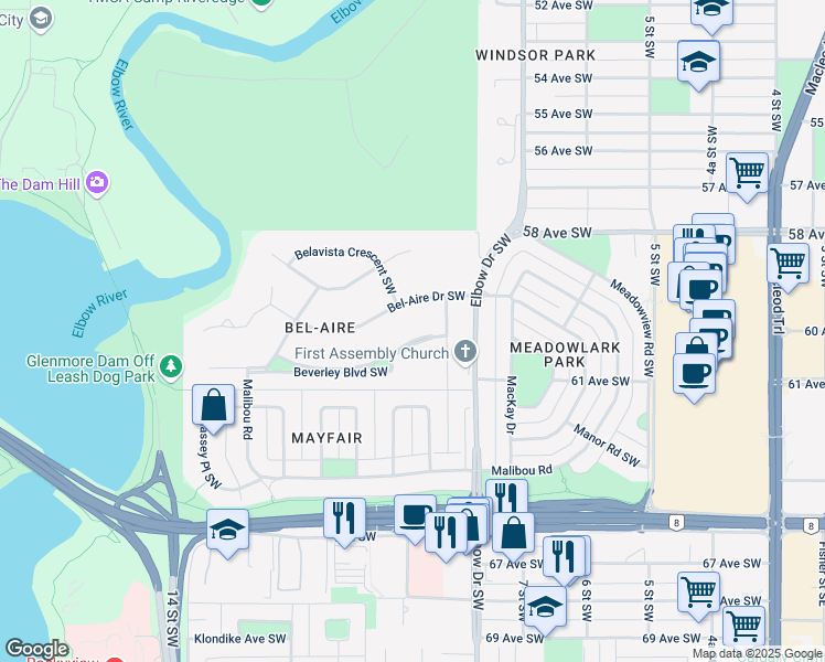 map of restaurants, bars, coffee shops, grocery stores, and more near 1011 Beverley Boulevard Southwest in Calgary