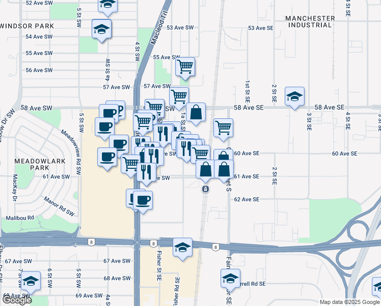 map of restaurants, bars, coffee shops, grocery stores, and more near 203 60 Avenue Southwest in Calgary