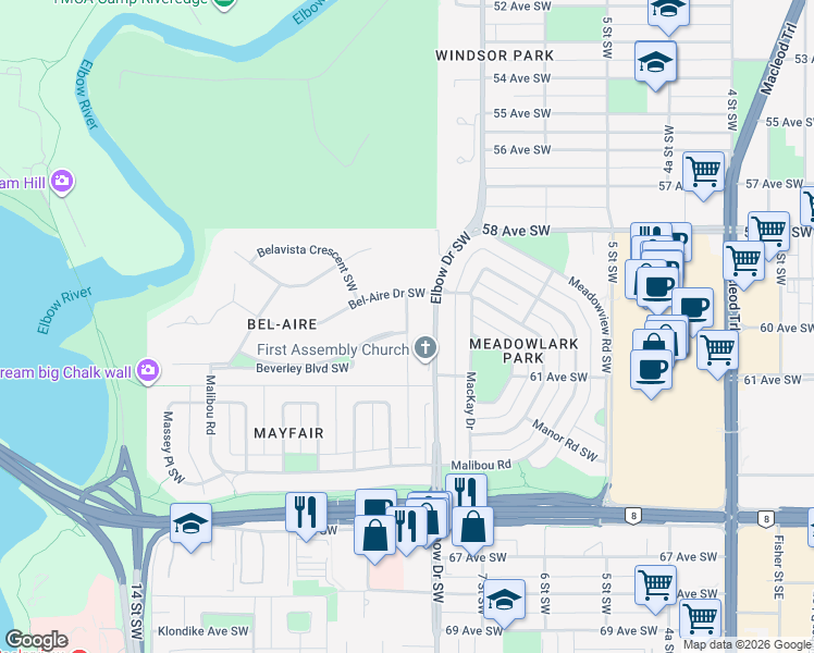 map of restaurants, bars, coffee shops, grocery stores, and more near 1011 Beverley Blvd SW in Calgary