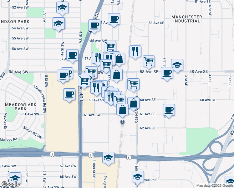 map of restaurants, bars, coffee shops, grocery stores, and more near 6020 1A Street Southwest in Calgary