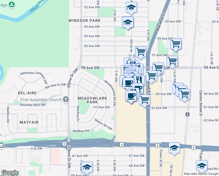 map of restaurants, bars, coffee shops, grocery stores, and more near 6025 5 Street Southwest in Calgary