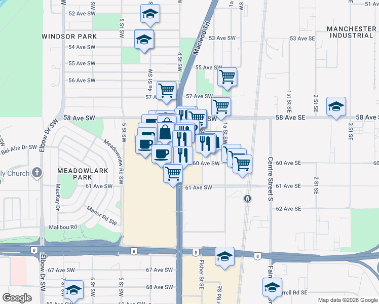 map of restaurants, bars, coffee shops, grocery stores, and more near 6008 Macleod Trail Southwest in Calgary