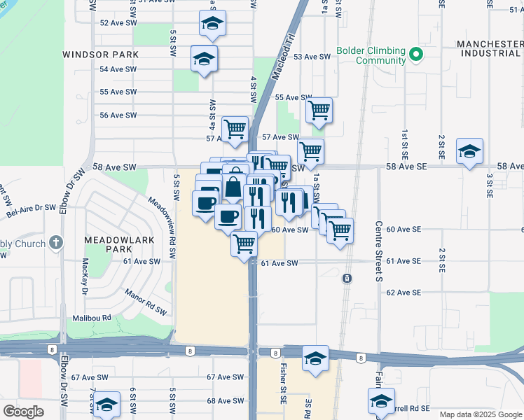 map of restaurants, bars, coffee shops, grocery stores, and more near 6008 Macleod Trail Southwest in Calgary