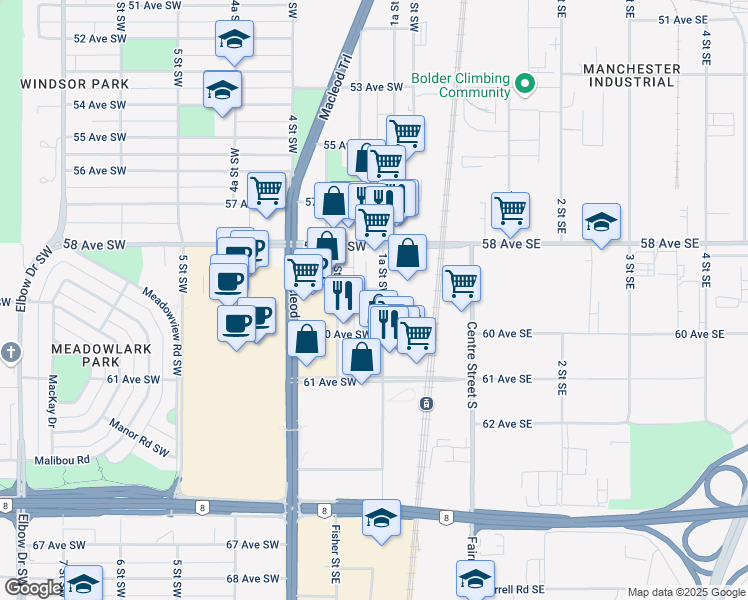 map of restaurants, bars, coffee shops, grocery stores, and more near in Calgary