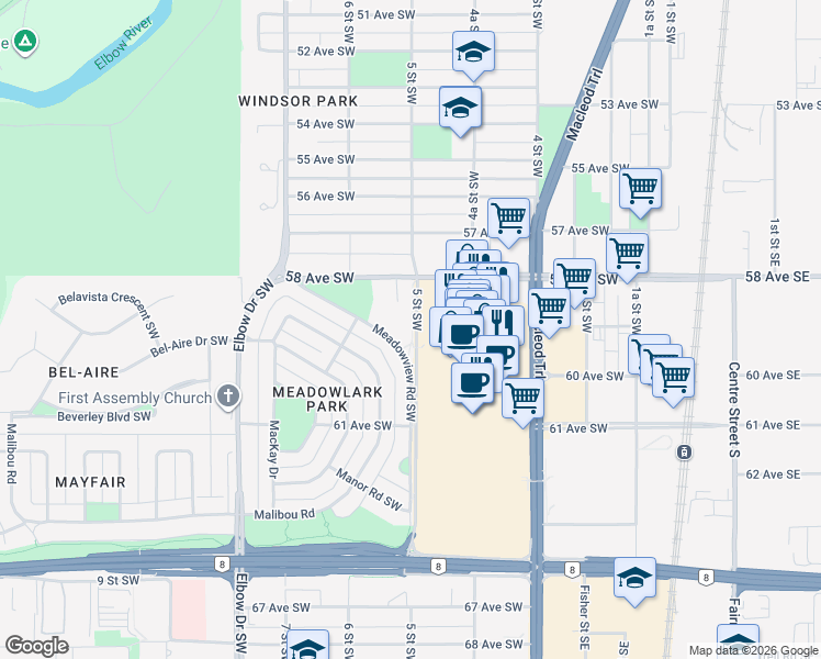 map of restaurants, bars, coffee shops, grocery stores, and more near 6025 5 Street Southwest in Calgary