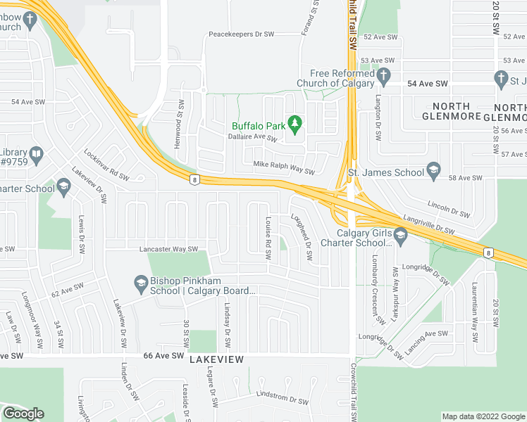 map of restaurants, bars, coffee shops, grocery stores, and more near 6015 Louise Road Southwest in Calgary