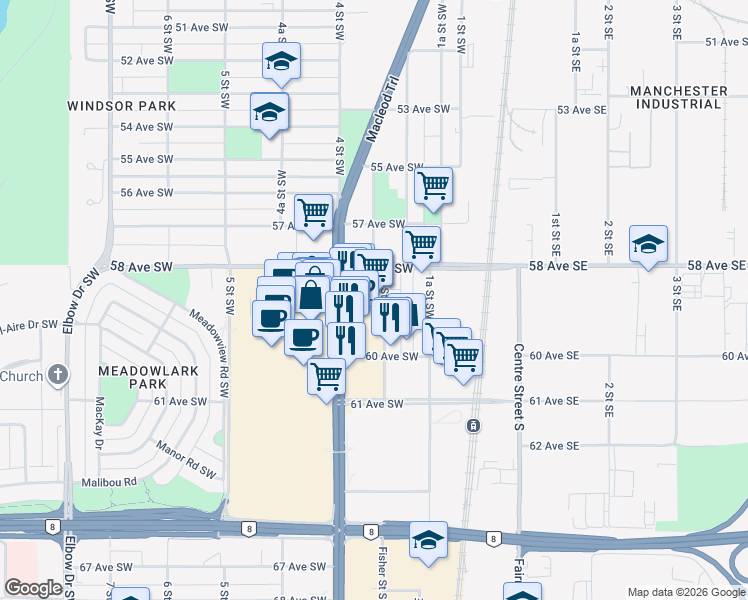 map of restaurants, bars, coffee shops, grocery stores, and more near 6008 Macleod Trail Southwest in Calgary