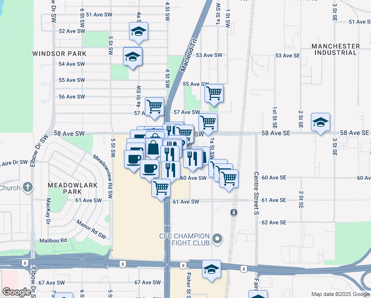 map of restaurants, bars, coffee shops, grocery stores, and more near 6008 Macleod Trail Southwest in Calgary