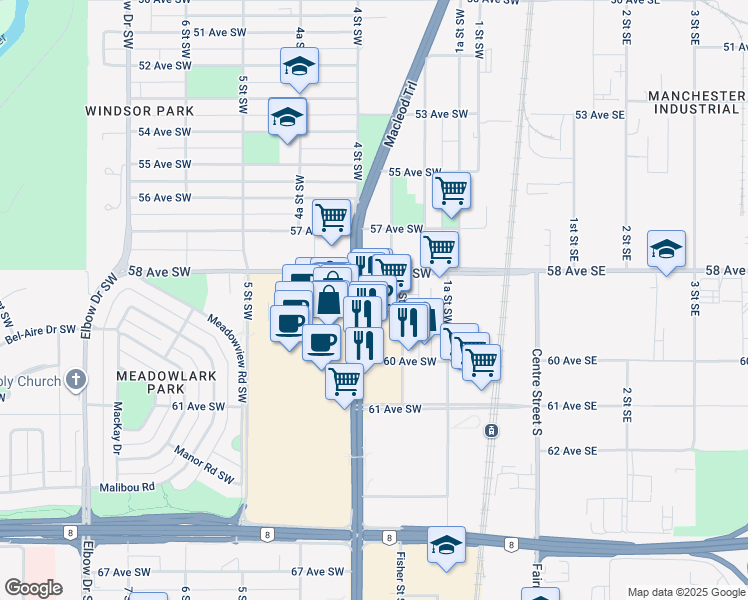 map of restaurants, bars, coffee shops, grocery stores, and more near 6008 Macleod Trail Southwest in Calgary