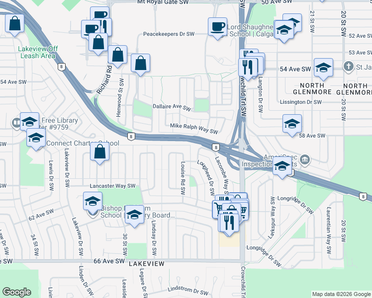map of restaurants, bars, coffee shops, grocery stores, and more near 6015 Louise Road Southwest in Calgary