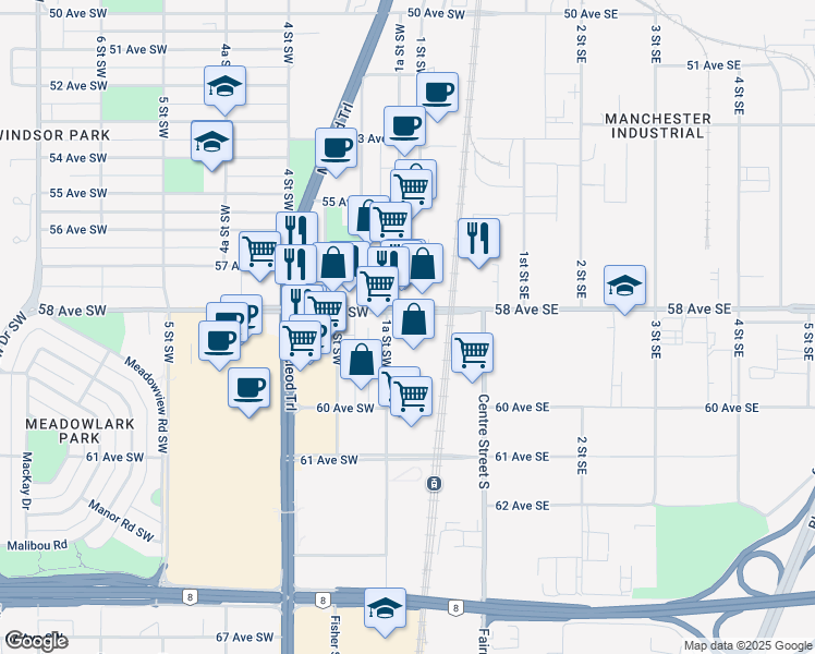 map of restaurants, bars, coffee shops, grocery stores, and more near 222 58 Avenue Southwest in Calgary