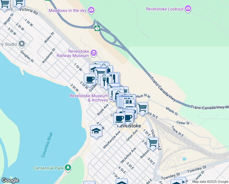 map of restaurants, bars, coffee shops, grocery stores, and more near 415a Victoria Road in Revelstoke
