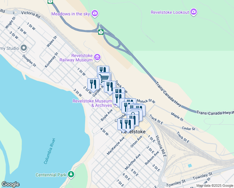map of restaurants, bars, coffee shops, grocery stores, and more near 415a Victoria Road in Revelstoke