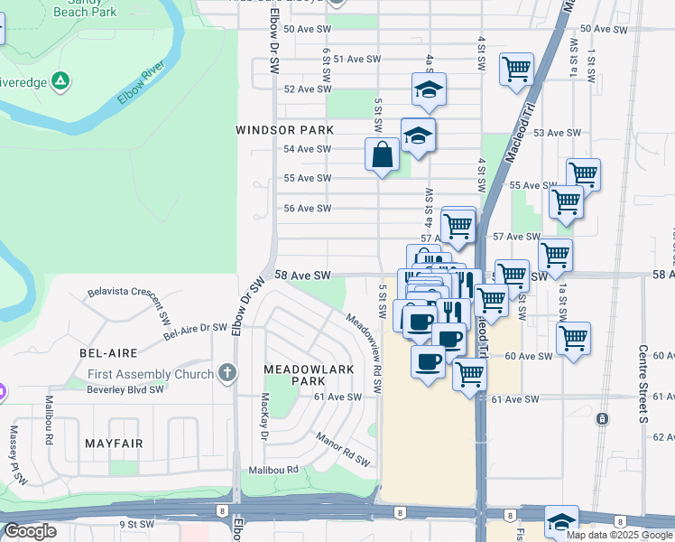 map of restaurants, bars, coffee shops, grocery stores, and more near in Calgary