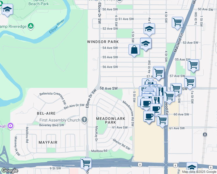 map of restaurants, bars, coffee shops, grocery stores, and more near in Calgary