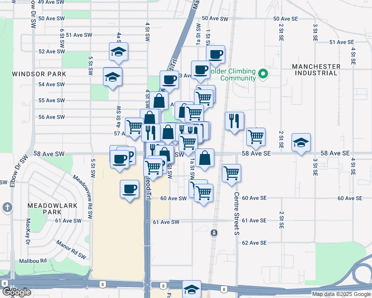 map of restaurants, bars, coffee shops, grocery stores, and more near 5824 2 Street Southwest in Calgary