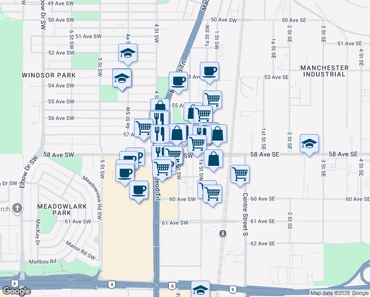 map of restaurants, bars, coffee shops, grocery stores, and more near 5824 2 Street Southwest in Calgary