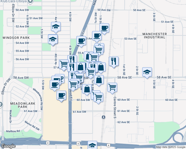 map of restaurants, bars, coffee shops, grocery stores, and more near 222 58 Avenue Southwest in Calgary