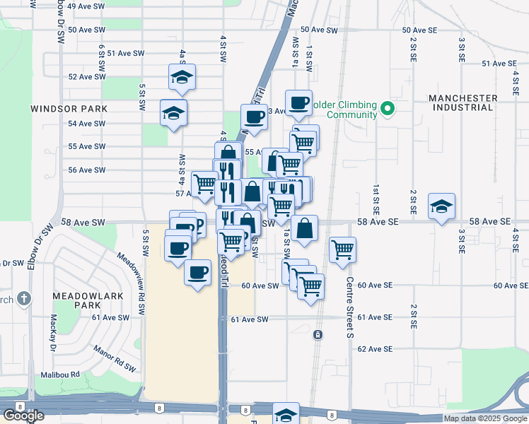 map of restaurants, bars, coffee shops, grocery stores, and more near 5824 2 Street Southwest in Calgary