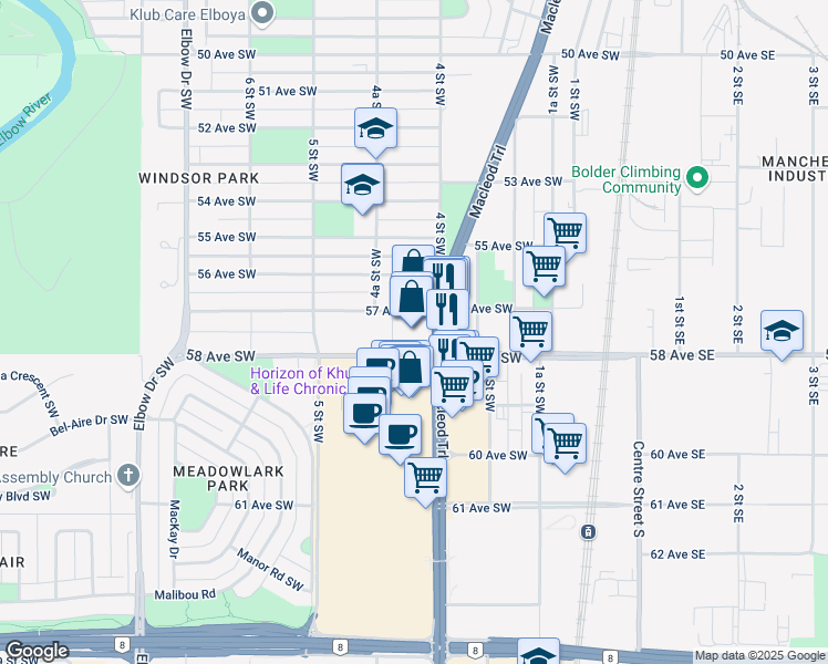 map of restaurants, bars, coffee shops, grocery stores, and more near 5809 Macleod Trail in Calgary