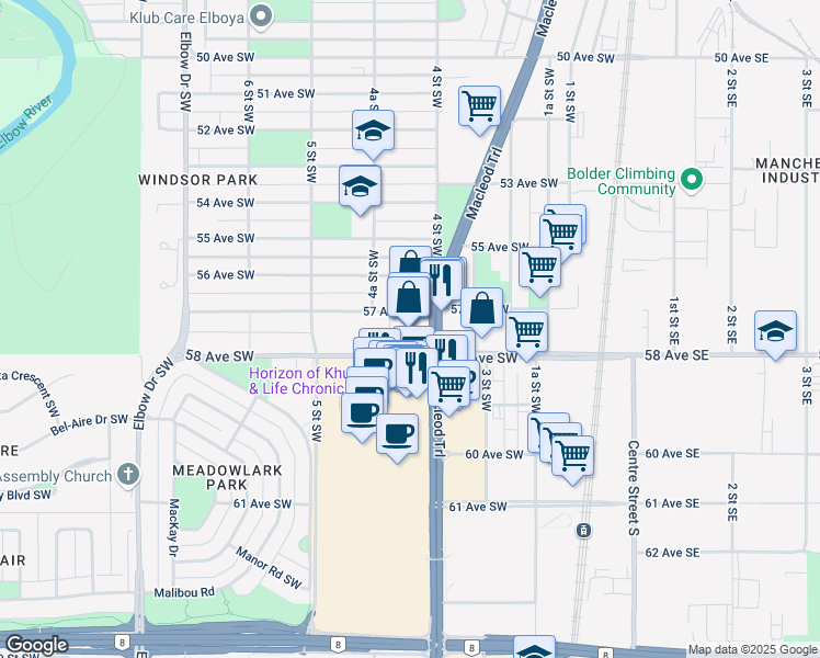 map of restaurants, bars, coffee shops, grocery stores, and more near 5809 Macleod Trail in Calgary