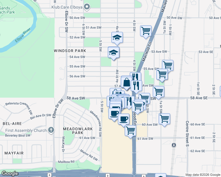 map of restaurants, bars, coffee shops, grocery stores, and more near in Calgary