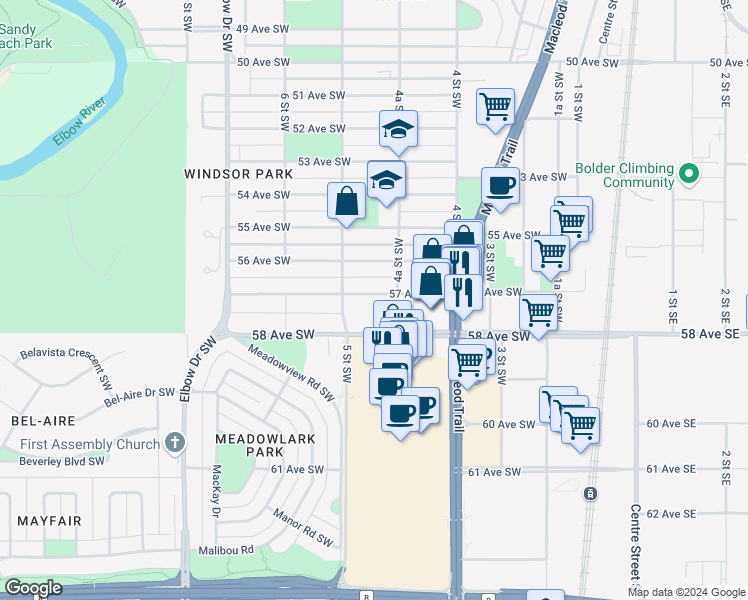 map of restaurants, bars, coffee shops, grocery stores, and more near in Calgary