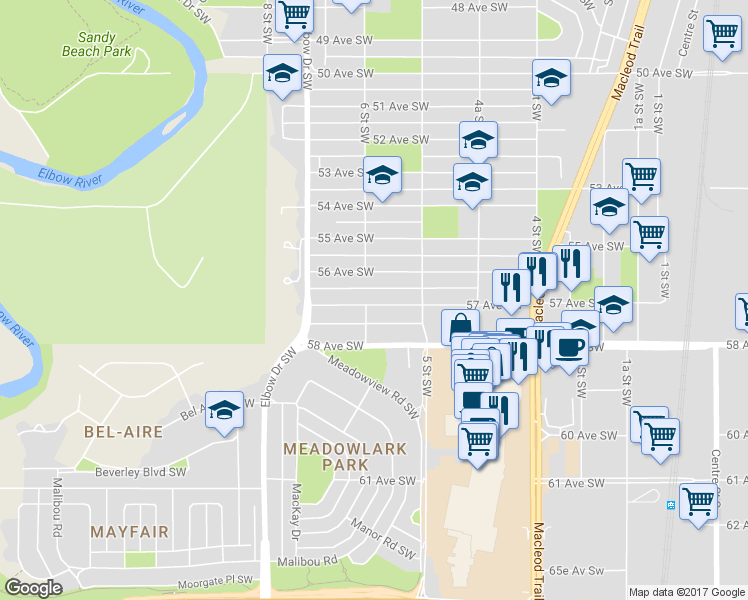 map of restaurants, bars, coffee shops, grocery stores, and more near in Calgary