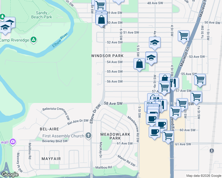 map of restaurants, bars, coffee shops, grocery stores, and more near 732 57 Avenue Southwest in Calgary
