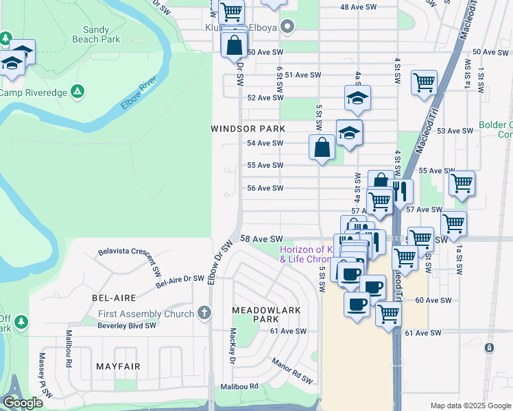 map of restaurants, bars, coffee shops, grocery stores, and more near 732 57 Avenue Southwest in Calgary