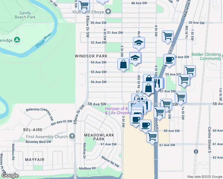 map of restaurants, bars, coffee shops, grocery stores, and more near 626 57 Avenue Southwest in Calgary